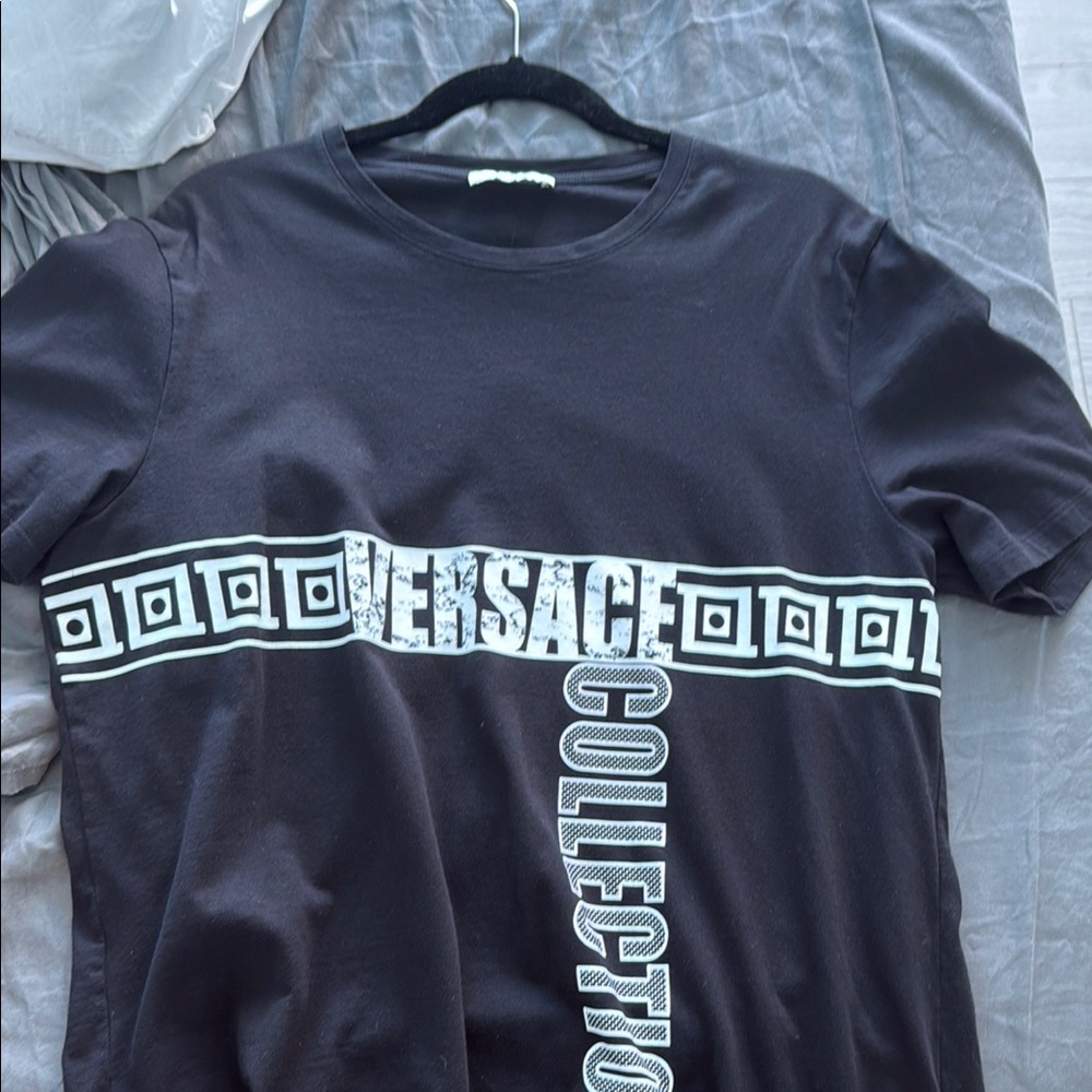 Versace Black Short Sleeve Tee with Greek Key Design